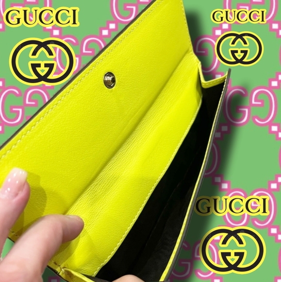 ⭐️Gucci Fluorescent Green/Yellow Supreme Neon Heart Monogram Wallet w Dust Cover - Picture 7 of 12